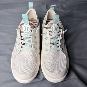 Hurley Women's Canvas Mesh Lace-Up Sneakers Cream Teal Striped Comfort Shoes 7.5